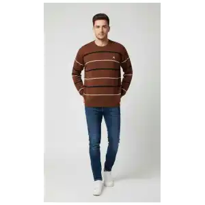 Erkek Bisiklet Yaka Cizgili Triko Kazak yumuşak dokulu Pamuklu ince Dokuma, uzun kollu Rahat Regular kalıp - Kahverengi