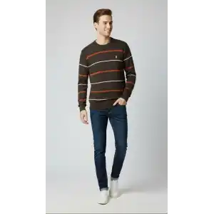 Erkek Bisiklet Yaka Cizgili Triko Kazak yumuşak dokulu Pamuklu ince Dokuma, uzun kollu Rahat Regular kalıp - Koyu Kahverengi