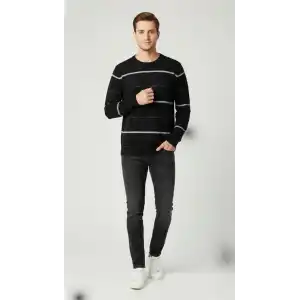 Erkek Bisiklet Yaka Cizgili Triko Kazak yumuşak dokulu Pamuklu ince Dokuma, uzun kollu Rahat Regular kalıp - Siyah