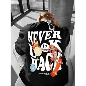 Erkek Bisiklet Yaka Kısa Kol Baskılı T-shirt - Siyah