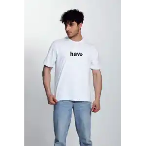 Erkek Bisiklet Yaka Kısa Kol hav Baskılı T-shirt - Beyaz