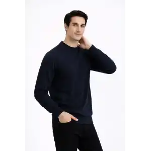 Erkek Bisiklet Yaka Triko Kazak yumuşak dokulu Pamuklu ince Dokuma, uzun kollu Rahat Regular kalıp - Lacivert