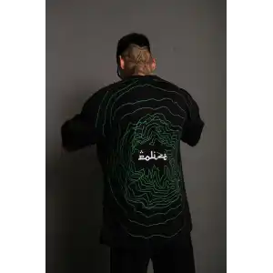 Erkek Bisiklet Yakalı Sırt Baskılı Oversize T-Shirt - Siyah