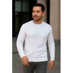 Erkek Bisiklet Yuvarlak Yaka Triko Kazak Pamuklu Kalın Fitilli Dokuma, Regular Fit Uzun Kollu Kışlık Model - Beyaz