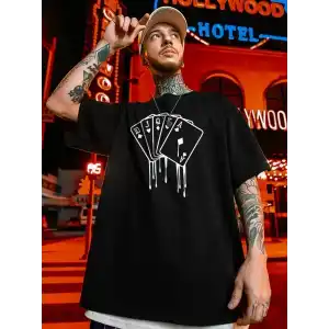 erkek büyük beden Kart baskılı düz renk kısa kollu bisiklet yaka tişört gündelik giyim - Siyah