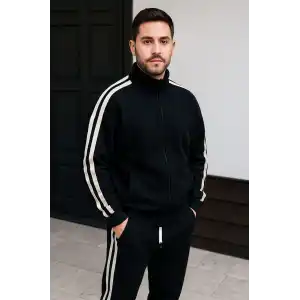 Erkek Çift Şeritli Eşofman Takım Dik Yaka Fermuarlı Sweatshirt Boru Paça Alt, Oversize 3 iplik Pamuklu - Siyah