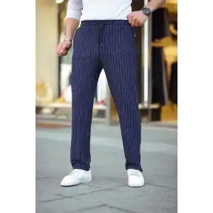 Erkek Cizgili Dokuma Krep Jogger Buggy Pantalon Rahat kalıp - Lacivert