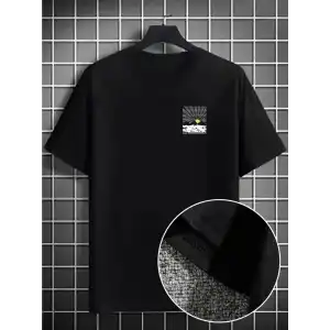 Erkek Dağ Grafikli Tişört, Yaz için Büyük Beden Rahat T-shirt - Siyah