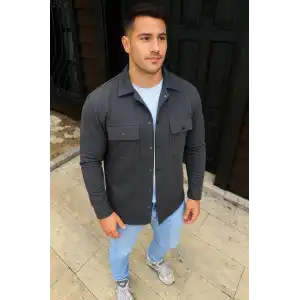 Erkek Diagonal Kumaş Cepli Çıtçıtlı uzun Kollu, Gömlek Oversize Rahat Kalıp Günlük Şık Stil - Füme