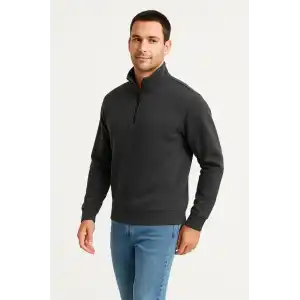 Erkek Dik Yaka Sweatshirt Dik Yaka Yarım Fermuarlı 3 İplik Şardonlu Pamuk Kumaş - Antrasit