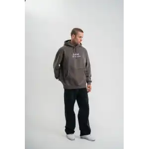 Erkek Double Oversize Kapüşonlu Sweatshirt 3 İplik Pamuklu Göğüs Nakışlı Premium Kalite – Antrasit