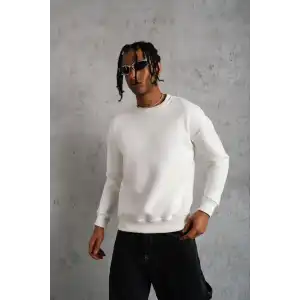 Erkek Düz Bisiklet Yaka Sweat - Beyaz