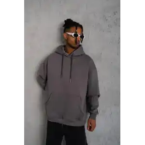 Erkek Düz Kapüşonlu Sweat - Gri