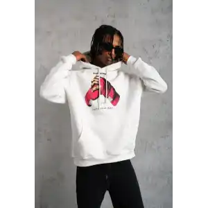 Erkek Eldiven Baskılı Kapüşonlu Sweat - Beyaz