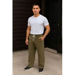 Erkek Fitilli Kadife Cepli Buggy Pantolon Oversize Rahat Kalıp - Haki