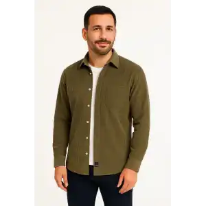 Erkek Fitilli Kadife Cepli Gömlek Oversize Rahat Kalıp - Haki