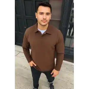 Erkek Fitilli Polar Sweatshirt – Düğmesiz Polo Yaka, Oversize Rahat Kalıp, Kalın Polar Kumaş, Kışlık ve Baharlık Şık Günlük Üst - Kahverengi
