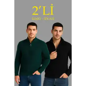 Erkek Fitilli Triko Kazak 2’li Set – Siyah & Haki Kalın Dokuma Pamuklu Regular Fit V Yaka Fermuarlı Uzun Kollu Rahat Kışlık Kazak Kombini