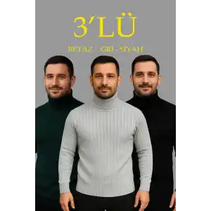 Erkek Fitilli Triko Kazak 3lÜ Set Gri Haki Siyah Regular Balıkcı Yaka Tam Boğazlı Triko Seti Modeli Kazak
