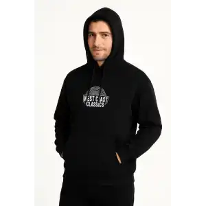 Erkek Kapşonlu Sweatshirt – Oversize Üç İplik Şardonlu Hoodie, “West Coast Classics” Ön & Arka Baskılı, Kanguru Cepli Kışlık Günlük Stil - Siyah