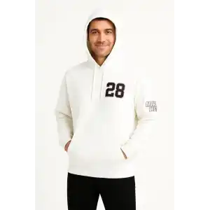 Erkek Kapşonlu Sweatshirt – Üç İplik Şardonlu Kumaş, Oversize Fit, Ön & Arka Baskılı, Kanguru Cepli, Kışlık Rahat Hoodie - Beyaz