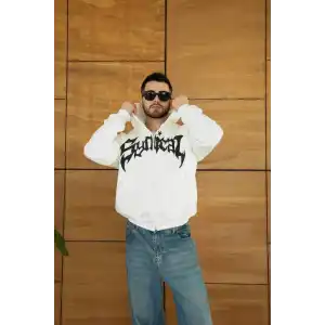 Erkek Kapüşonlu 3 İplik Şardonlu Önü Baskılı Fermuarlı Oversize Sweatshirt - Beyaz