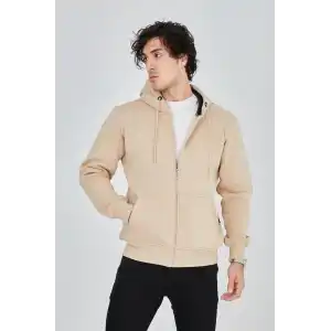 Erkek Kapüşonlu Düz Fermuarlı Hırka - Bej