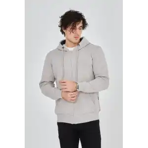 Erkek Kapüşonlu Düz Fermuarlı Hırka - Boyalı Gri