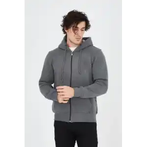 Erkek Kapüşonlu Düz Fermuarlı Hırka - Füme