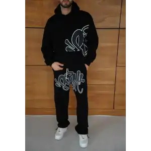 Erkek Kapüşonlu Eşofman Takım Graffiti Baskılı Oversize Rahat Kalıp, Kanguru Cepli, Streetwear Tarzında Premium Ürün 3 iplik Pamuklu - Siyah
