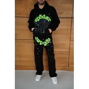 Erkek Kapüşonlu Eşofman Takım Örümcek Ağı ve Neon Yeşil Baskılı Kanguru cepli Oversize Rahat Kalıp, Premium Üç İplik Kumaş - Siyah