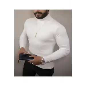 Erkek Kaşkorse Boğazlı Full Likralı Fitilli Body Kazak - Beyaz