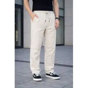 Erkek Keten Cepli Çıma Dikişli jogger Buggy Pantalon Rahat kalıp - Krem