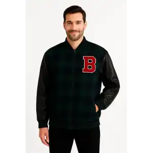 Erkek Kolej Ceket – Kareli Oduncu Kumaş, Kolları Suni Deri, Fermuarlı, İçi Kapitone Astarlı, Nakışlı Oversize Bahar & Kış Stil - Haki