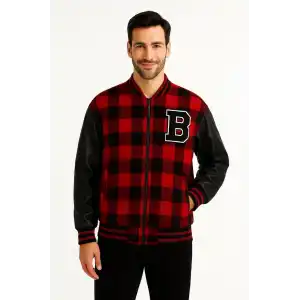 Erkek Kolej Ceket – Kareli Oduncu Kumaş, Kolları Suni Deri, Fermuarlı, İçi Kapitone Astarlı, Nakışlı Oversize Bahar & Kış Stil - Bordo