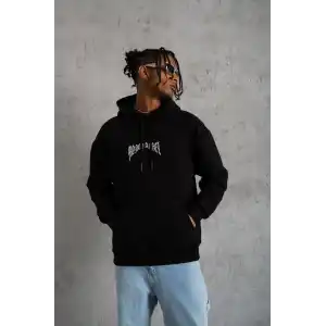 Erkek Kordon İpli Baskılı Kapüşonlu Sweatshirt - Siyah