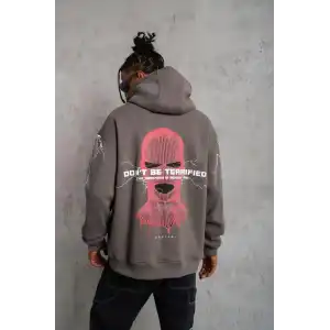 Erkek Maske Baskılı Kapüşonlu Sweat - Gri