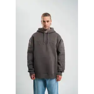 Erkek Nakış İşlemeli Kapşonlu Antrasit Sweatshirt Üç İplik Double Oversize- Füme