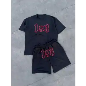 Erkek Nakış İşlemeli Şortlu Takım - Siyah