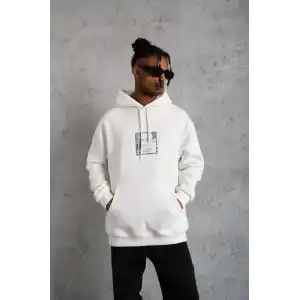 Erkek Ön Arka Baskılı Kapşonlu Sweat - Beyaz