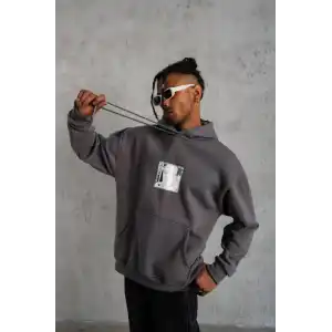 Erkek Ön Arka Baskılı Kapşonlu Sweat - Gri