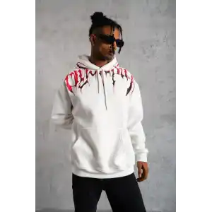 Erkek Ön ve Arka Baskılı Kapüşonlu 3 İplik Sweatshirt - Beyaz