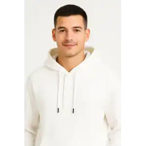 Erkek Ovarsize Kapüşonlu Swetshirt Kanguru Çepli Cıtcıtlı 3 iplik Şardonlu Hoodie - Beyaz
