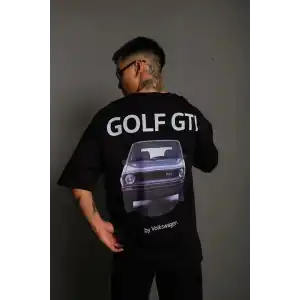 Erkek Oversize Baskılı Tişört – Golf GTI Retro Araba Desenli, Ön & Arka Dijital Baskı, Sokak Modası Stil - Siyah