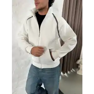 Erkek Oversize Dik Yaka Fermuarlı Sweatshirt - Zincir Nakışli Kanguru Cepli - Beyaz