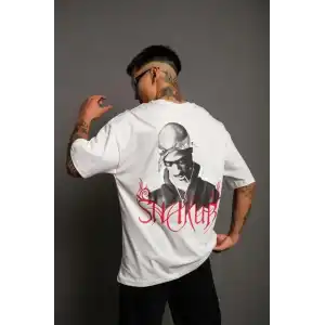 Erkek Oversize Tişört – Beyaz 24/1 Penye Kumaş, Bisiklet Yaka, Ön & Arka Baskılı, Streetwear Tarzı Rahat Büyük Kalıp T-Shirt- Beyaz