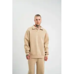 Erkek Patlı Yaka Üç İplik Pamuklu Sweatshirt Double Oversize Rahat Kalıp Günlük Kullanım – Bej