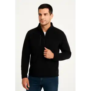 Erkek Polar Kazak – Dik Yaka, Yarım Fermuarlı, Fermuarlı Göğüs Cepli, Siyah Biyeli, Kışlık Rahat Regular Fit Günlük Model - Siyah