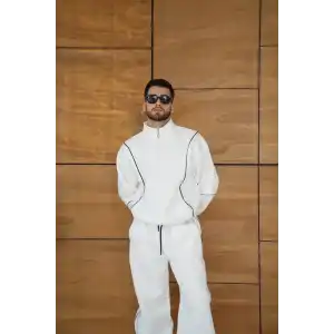 Erkek Premium Parçalı Eşofman Takım - Dik Yaka Fermuarlı Biyeli Sweatshirt Lastik Paça Alt, Oversize 3 iplik Şardonlu - Beyaz