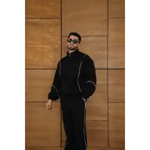 Erkek Premium Parçalı Eşofman Takım - Dik Yaka Fermuarlı Biyeli Sweatshirt Lastik Paça Alt, Oversize 3 iplik Şardonlu - Siyah